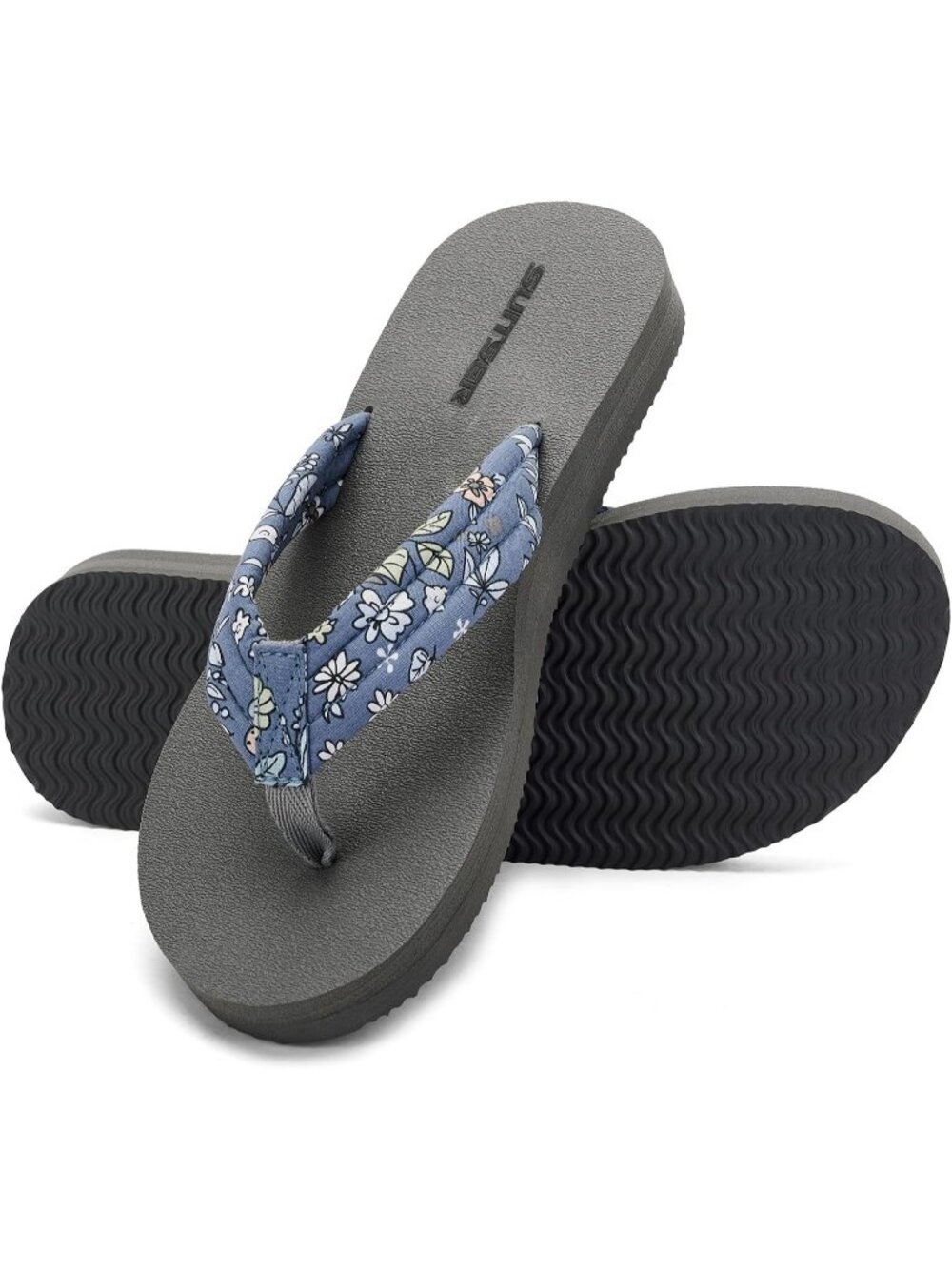 Women's Blue Gray Summer Lightweight Soft Fabric Straps Flip Flops Beach Sandals